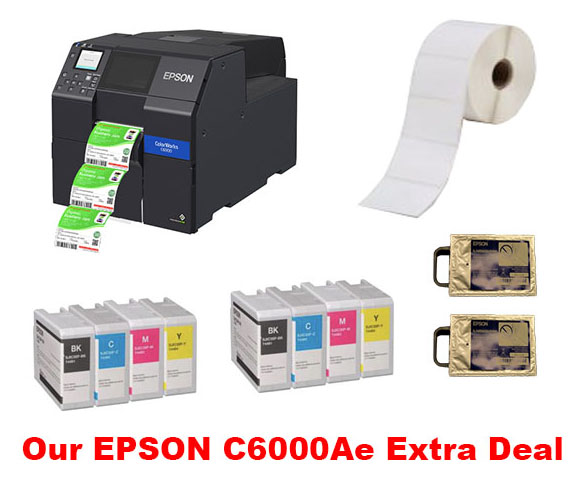 Promotion - Epson C6000Ae 4" High Speed Colour Inkjet Label Printer + Free extra inks + Free Maint Box + Free labels + Free Label Layout Software + Free 12 months on-site warranty. Call 01527 529713